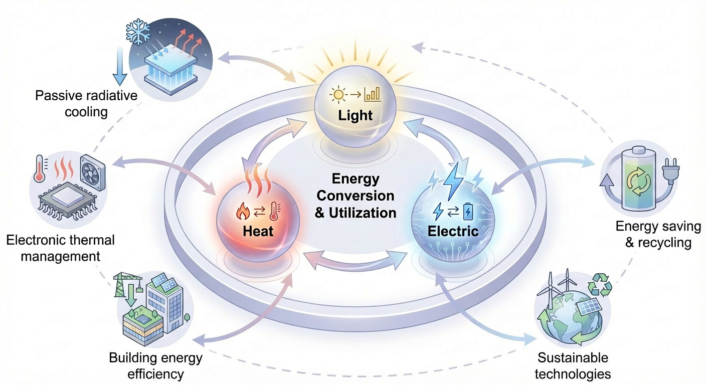 Overview of research areas: light, heat, and electricity conversion and transport
